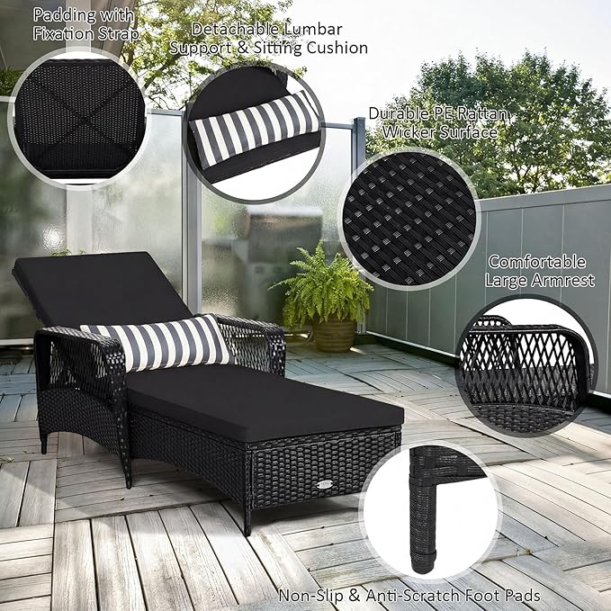 Tangkula Wicker Chaise Lounge Outdoor, Patio Rattan Reclining Chaise with 6-Gear Adjustable Backrest, Thick Padded Cushion & Removable Lumbar Pillow, Pool Lounge Chairs (1, Black + Black)