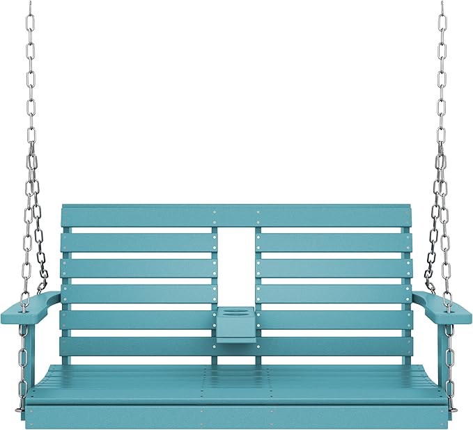 KINGYES Outdoor Hanging Porch Swing, 2 Seat Patio Swing Chair with Cup Holders, Waterproof Swing Chair Bench for Courtyard & Garden, 660LBS Weight Capacity, Aruba Blue