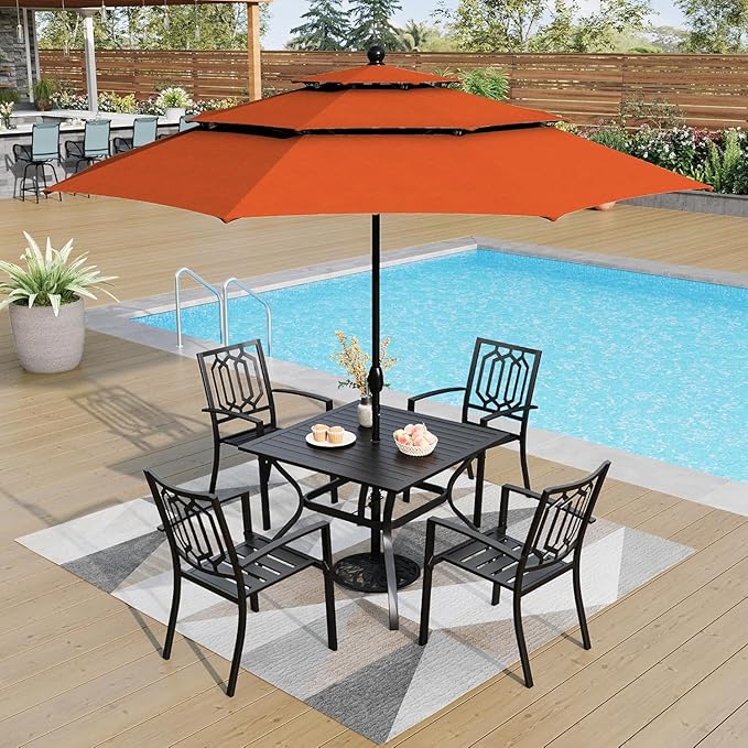 PHI VILLA 5 Pieces Outdoor Dining Set for 4, 37” Black Square Wrought Iron Table with Umbrella Hole & Stackable Chairs, Outside Metal Furniture for Patio, Deck, Yard, Porch