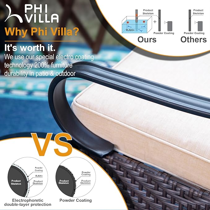 PHI VILLA Patio Dining Chairs Set of 2, Heavy Duty Outdoor Metal Wicker Dining Chair with Padded Cushions, Indoor Outdoor All Weather Wrought Iron Patio Chair Support 300lbs