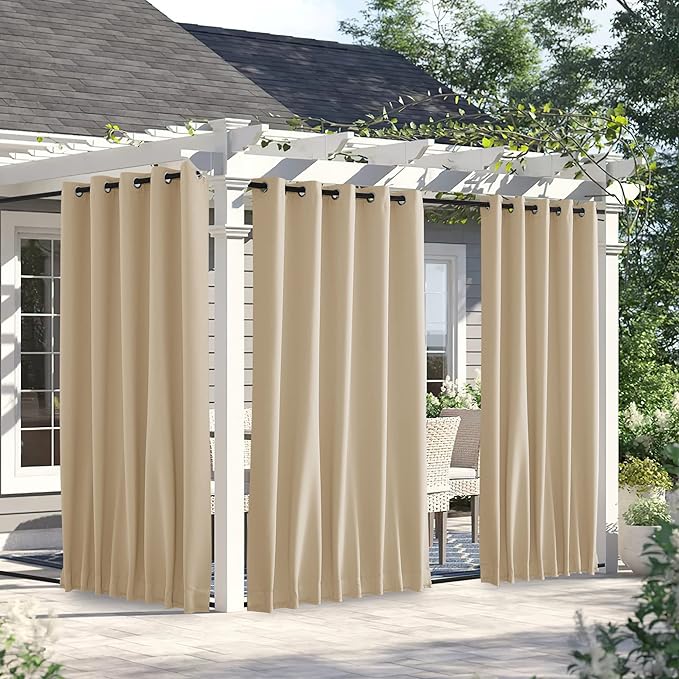 NICETOWN 2 Panels Weighted Blackout Curtains for Patio Waterproof, Top & Bottom Grommet & Back Tab Fixed Outdoor Curtains Windproof Drapes Thermal Insulated for Porch, W66 x L90, Biscotti Beige