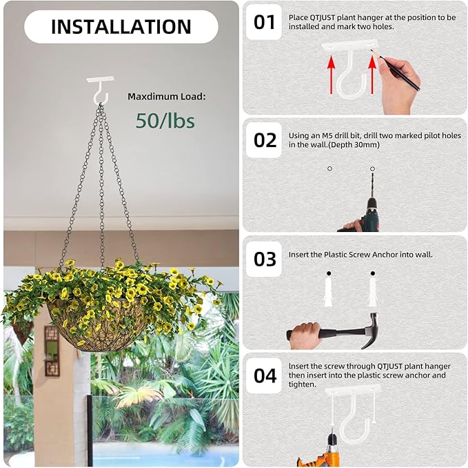 Plant Hooks for Hanging Plant Bracket 6inch Metal Plant Hanger Decorative Wall-Plant Wall Hanger forHanging Lanterns, Bird Feeder, Flower Basket, Home Decor Indoor & Outdoor 2 Pack(White)