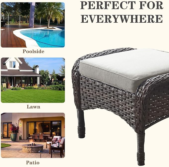 Belord Outdoor Ottomans for Patio Foot Rest - 25 Inch PE Wicker Foot Stool Set of 2 with Removable Cushions for Patio Furniture Sets,All Weather Rattan Ottoman for Balcony Deck Backyard Brown