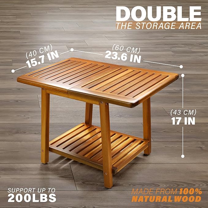 ENKEZI Acacia 24 Inches Outdoor Side Table, 2-Tier Sturdy Patio, End Table Weather Resistant, Strong Stability Side Table for Patio, Pool, Porch, Teak Finish (Large)