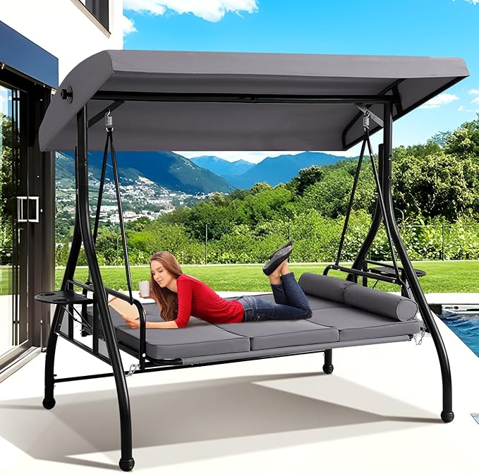 Grepatio 3-Seat Outdoor Porch Swing with Adjustable Canopy, 3 Person Convertible Porch Swing Bed with Stand, Heavy Duty Patio Swing with Cup Holder and Pillows, Cushion for Garden, Poolside (Grey)