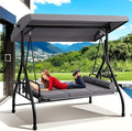Grepatio 3-Seat Outdoor Porch Swing with Adjustable Canopy, 3 Person Convertible Porch Swing Bed with Stand, Heavy Duty Patio Swing with Cup Holder and Pillows, Cushion for Garden, Poolside (Grey)