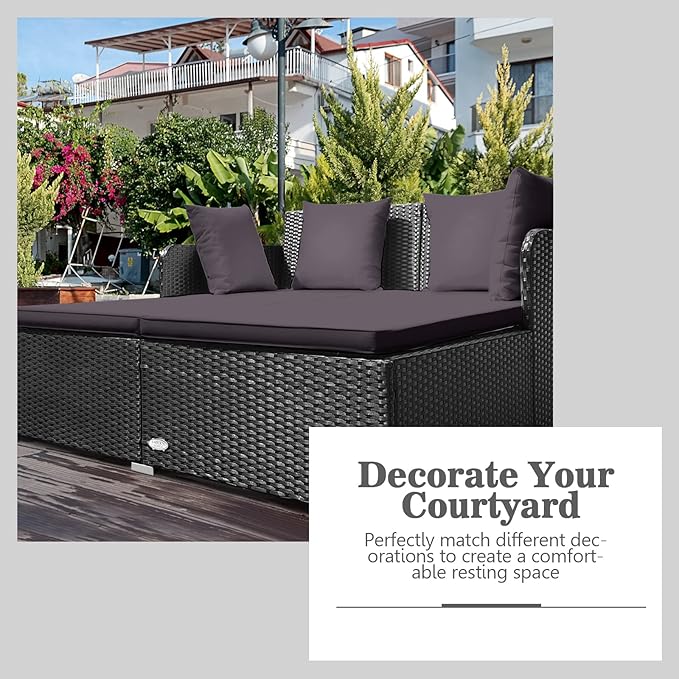Outdoor Rattan Daybed, Patio Loveseat Sofa Set w/Comfortable Cushions, Extra Pillows & Metal Foot, Sunbed Wicker Furniture for Yard/Poolside/Living Room/Garden/Porch, Grey