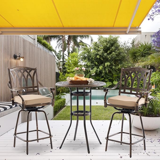 3 Piece Swivel Outdoor Table and Chairs Bar Set , All-Weather Cast Aluminum Outdoor High Top Patio Bar Set Bistro Set, High Swivel Stools with Cushions Umberlla Hole for Balcony, Poolside,Garden,Lawn
