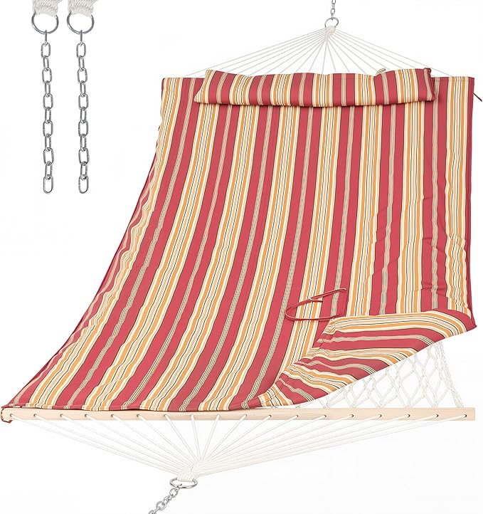 SUNCREAT Two Person Rope Hammock with Pad, Hanging Tree Double Hammock with Large Pillow, Hardwood Spreader Bar, Red Stripe