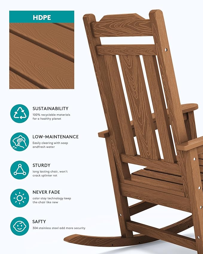 SERWALL Oversized Rocking Chair Set of 2 Outdoor, HDPE Outdoor Rocking Chair Set of 2, Brown