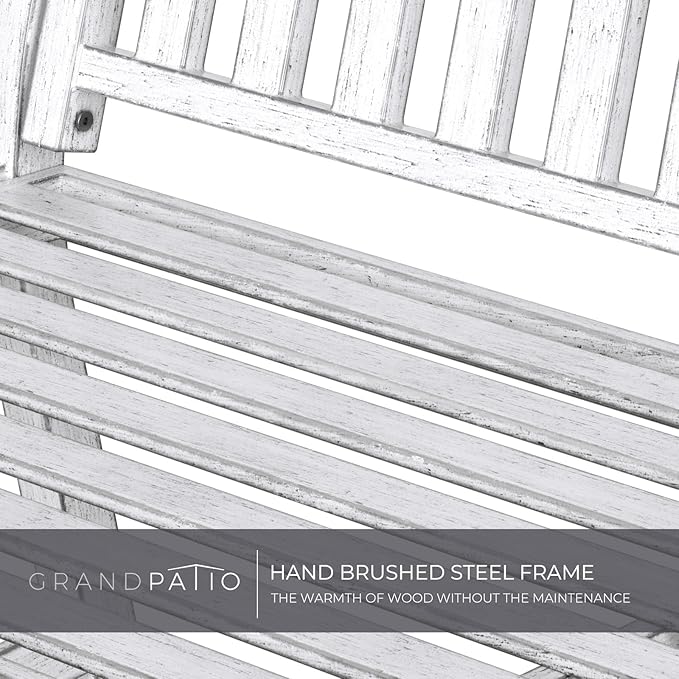 Grand patio 52" Farmhouse Outdoor Bench, Garden Benches with Rust Free Metal Powder Coated Frame and Aluminum Backrest, Faux Wood Grain Finish Frame Patio Bench for Front Porch,Gray-White