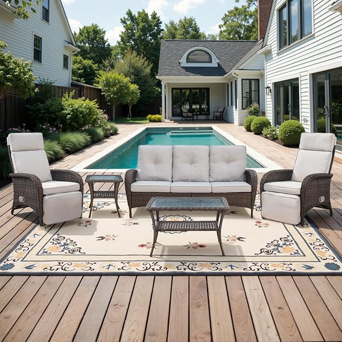 Belord 5 Piece Patio Furniture Set with Recliner Chair - Removable Outdoor Patio Couch Set, Chaise Lounge Chair Outdoor with Adjustable Backrest and Footrest for Casual Gathering Brown/Beige