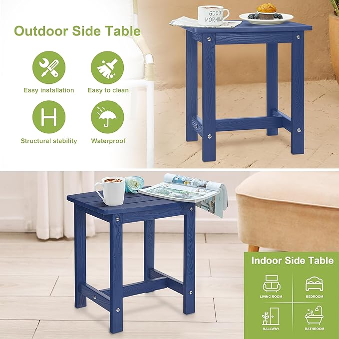 Y&M Outdoor Side Table, HIPS Adirondack Small Single Table, Waterproof Square Outside Table, Balcony Modern End Tables for Patio, Pool, Beach, Porch, Deck, Indoor or Outdoor Use, Navy Blue