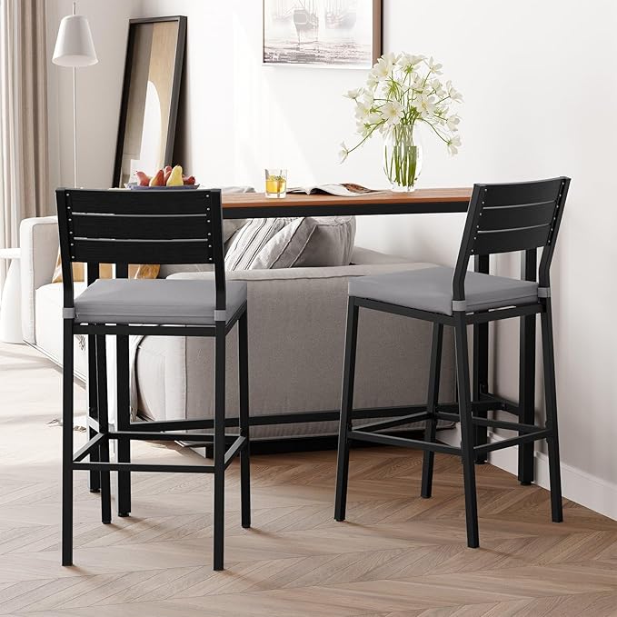 Crestlive Products Outdoor Bar Stools Set of 2, Patio Counter Height Barstools with Cushions, Tall Chairs with Back and Footrest for Deck, Lawn, Garden, Backyard, Poolside, Or Indoor Use (Light Gray)