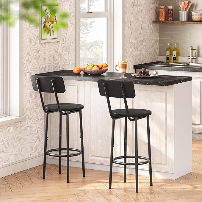 HOOBRO Bar Stools,Set of 2 Round Bar Stools with Back,25.2" Bar Chairs for Kitchen Island, Dining Room,Counter Height Barstools, Easy to Assemble, Black BK32BY01G1