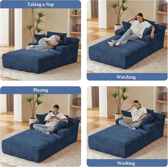 78.7" Chaise Lounge Chair Indoor, Oversized Boneless Couch Comfy Upholstered Sleeper Sofa Bed with 3 Pillows, Corduroy Cloud Reading Chair for Living Room No Assembly Required, Blue