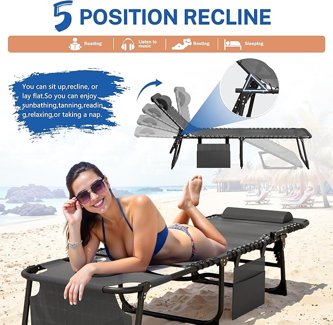 Devoko Beach Lounge Chair, Outdoor Sun Tanning Chair with Face Hole, Heavy Duty Folding Portable Lay Chaise Lounge Chairs for Outside Beach Pool Camping Patio, Beige