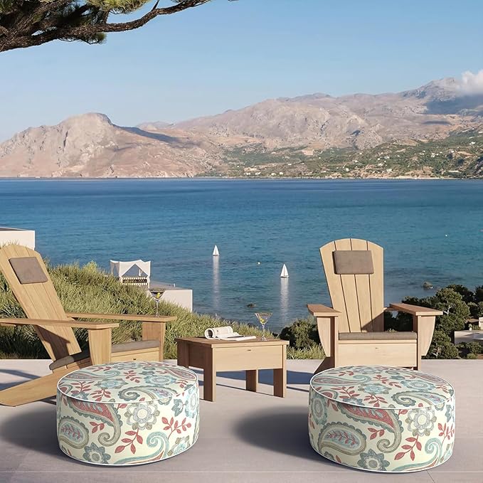 Inflatable Ottoman Stool D21 xH9 for Outdoor/Indoor Use, Water Repellent Patio Foot Rest with Portable Handle,Round Pouf Ottoman Suitable for Garden,Deck and Camping-Paisley Vintage