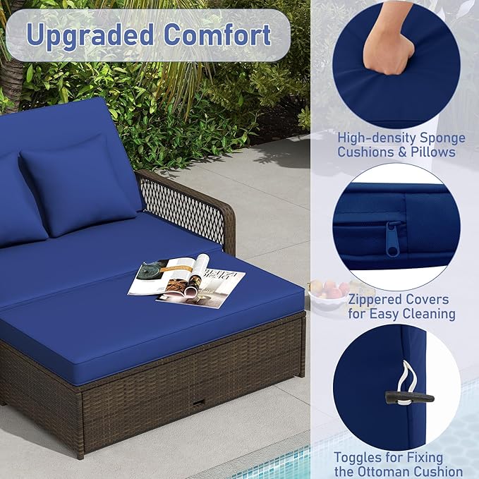 RELAX4LIFE Wicker Patio Outdoor Daybed - Rattan Sunbed Loveseat Sofa Set w/4-Level Adjustable Back, Cushions & Pillows, Storage Ottoman, 2-Person Bed Lounger for Backyard Porch, Patio Daybed (Navy)