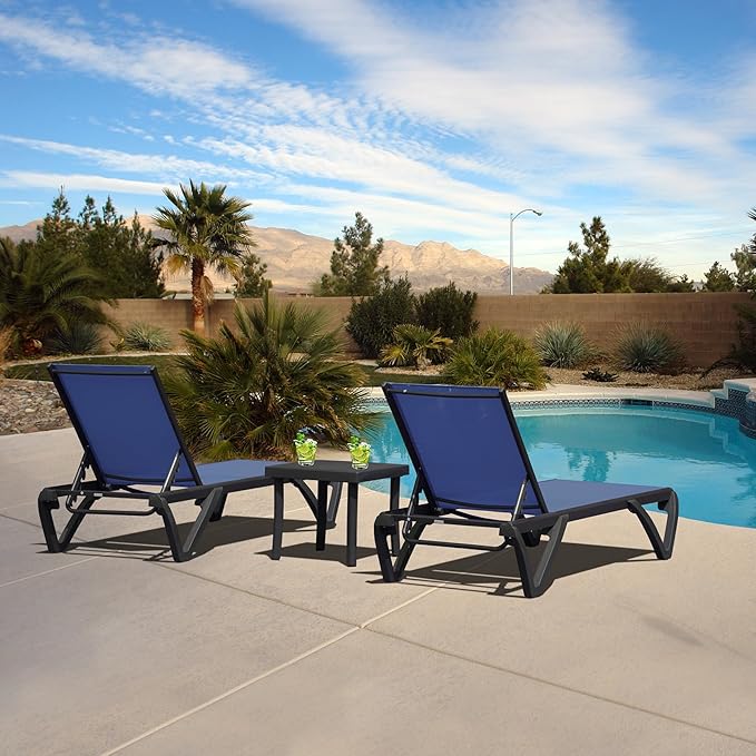 Domi Pool Lounge Chairs Set of 2 with Side Table, Aluminum Adjustable Outdoor Chaise Lounge with Wheels, All Weather Poolside Chairs for Deck Lawn Patio Backyard, Textilene- Navy Blue