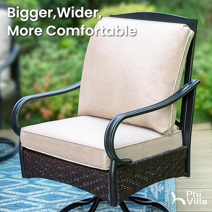 PHI VILLA Patio Swivel Chairs Set of 2, Heavy Duty Outdoor Metal Wicker Dining Chair with Padded Cushions, Large All Weather Wrought Iron Patio Chair for Deck Support 300lbs