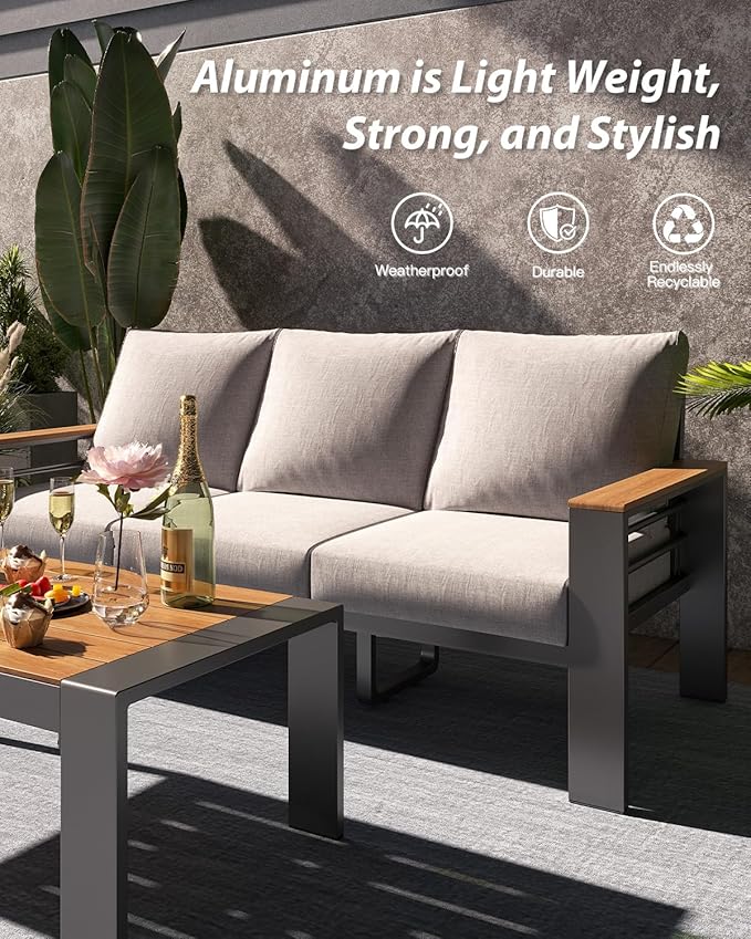 Aoxun Aluminum Outdoor Patio Furniture Set, 4 Seats Outdoor Sectional with Coffee Table, Patio Conversation Sets with Upgraded Armrests and Cushions for Backyard, Garden and Poolside