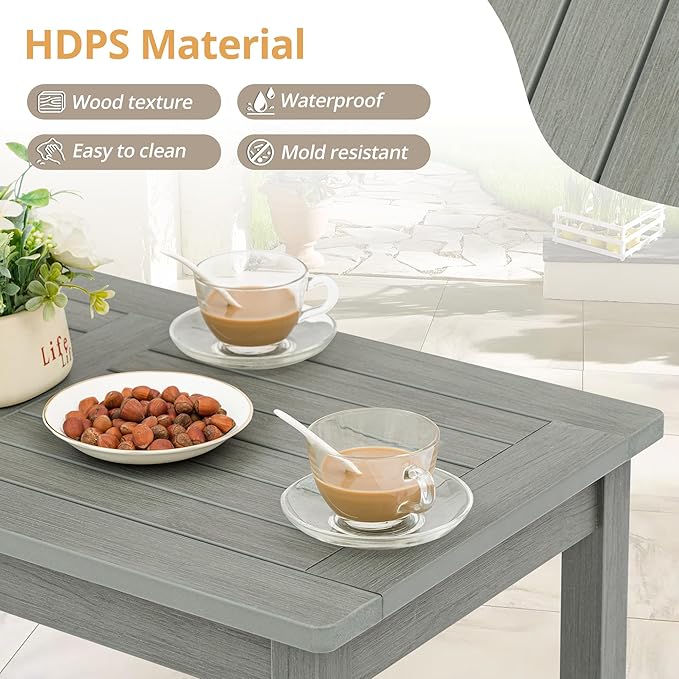 LUE BONA Outdoor Coffee Table Rectangle, 42.5" HDPS Patio Coffee Tables for Outside, All Weather Patio Coffee Table with Slatted Tabletop for Deck, Garden, Balcony, Indoor or Outdoor Use, Light Gray
