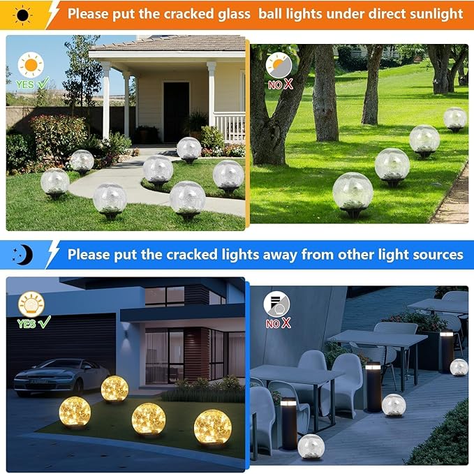 Solar Garden Lights Outdoor Waterproof, 4 Pack 30 LEDs Cracked Glass Ball Light, Ground Landscape Garden Decor, Solar Globe Decorative for Pathway/Patio/Lawn/Yard (Warm White, 3.9")