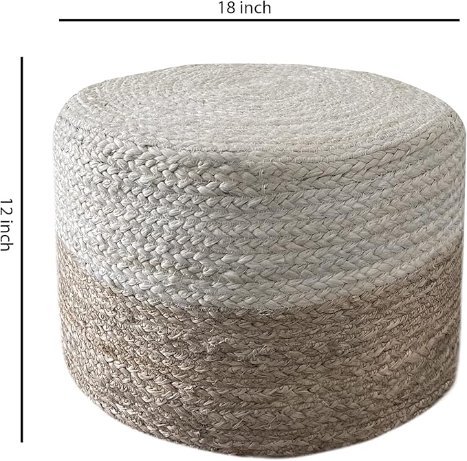 S & L Homes Pouf Ottoman - 100% Jute Braided Footrest Pouf Hand Knitted Traditional Cord Boho Pouffe for Living Room, Bedroom, Nursery, Patio, Lounge Colorblock - Natural Ivory (18”x18”x12”)