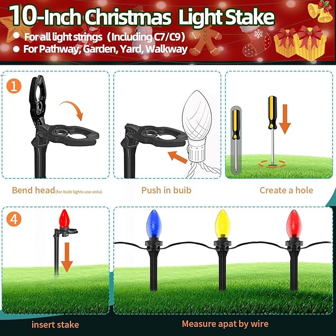 200 Pack Christmas Light Stakes 8.5"-10" for C7 and C9 String Lights,Outdoor Light Stakes,Yard Stakes,Garden,Lawn,Pathway, Patio, Path, Walkway, Christmas Decoration