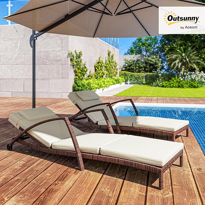 Outsunny Wicker Chaise Lounge Chair Outdoor Set of 2, 5-Position Adjustable Reclining Pool Lounge Chairs with Wheels, Rattan Outdoor Lounger with Cushion, Armrests for Poolside Beach Backyard, Beige