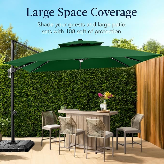 Best Choice Products 9x12ft LED Cantilever Patio Umbrella w/Base Included & 360° Rotation, Large Solar Offset Hanging Outdoor Sun Shade for Deck, Backyard Table w/Stand & Lights – Green