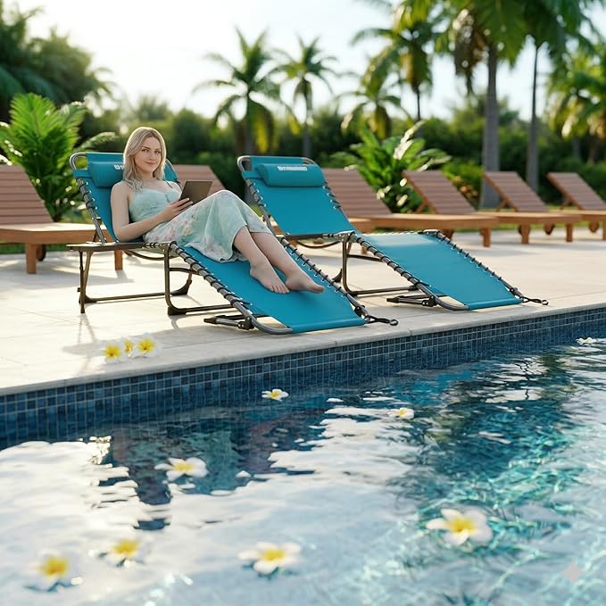 FUNDANGO 2 Pack Folding Chaise Lounge Chair Outdoor, 5 Positions Foldable Beach Lounges Chairs for Adults with Side Table & Pillow for Outside Tanning Pool Camping Patio Lawn (Cyan)
