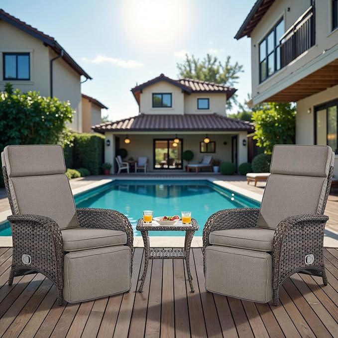 Belord Versatile Outdoor Recliner Chair Set of 3 - Reclining Patio Chair with Adjustable Backrest and Footrest, All-Weather Wicker Chaise Lounge Chair Outdoor with Side Table for Pool Deck