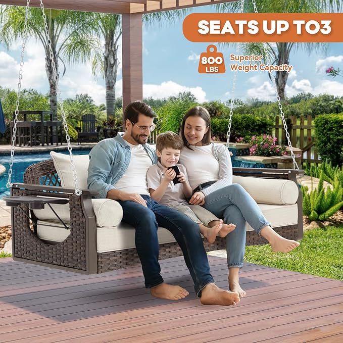 3 Seat Porch Swing, Wicker Patio Swing with Cup Holders & 3 Back Cushions, Yard Swing with Chains for Deck Garden Backyard,Brown Rattan, Beige Cushion, 56-inch