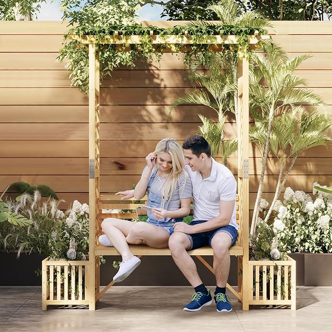 Giantex Outdoor Bench with Garden Arbor & 2 Planter Boxes, Wooden Trellis for Climbing Plants & Vines, Outside Pergola for 2-People Seating, Decoration for Porch, Patio, Yard