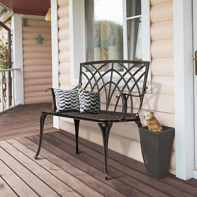 VINGLI 38" Outdoor Metal Bench, Cast Aluminium Garden Bench, Weatherproof Antique Finish Orchid Chair, 1-2 Person Seat Deck Furniture for Porch Entryway Patio (Brown)