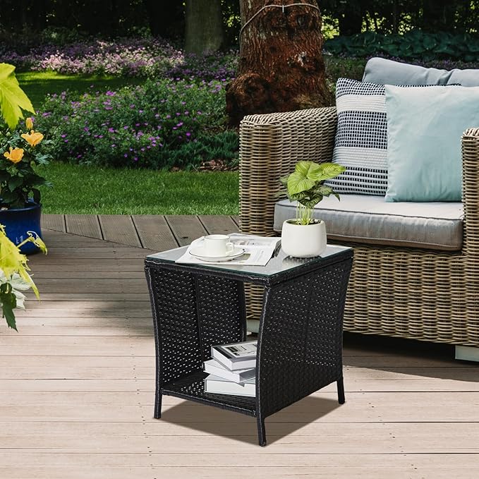 VINGLI Outdoor Wicker Side Table Patio Side Tables for Outside, Tempered Glass Top Wicker Table with Storage End Table for Balcony Porch Deck (Black)