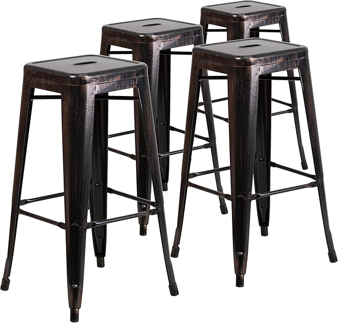 Flash Furniture Lily 4 Pack Commercial Grade 30" High Backless Black-Antique Gold Metal Indoor-Outdoor Barstool with Square Seat