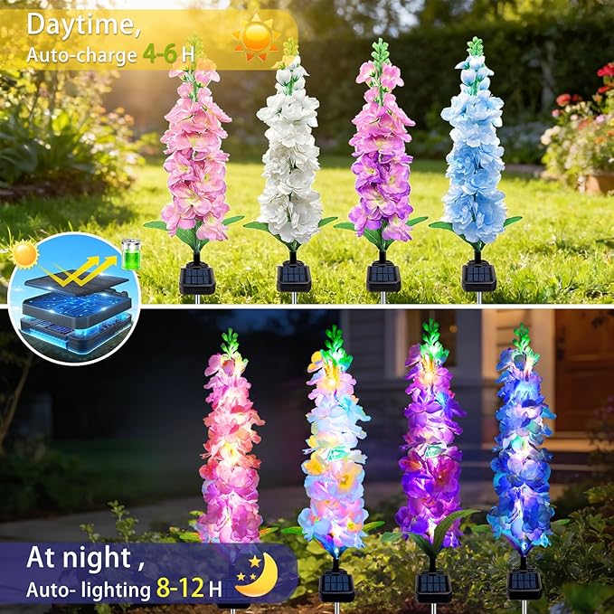 Solar Garden Lights, 6 Pack 20 LEDs Solar Delphinium Flowers Lights Gifts for Mom Grandma Women, Waterproof Solar Outdoor Lights Two Lighting Modes for Wedding Garden Yard Patio Decor
