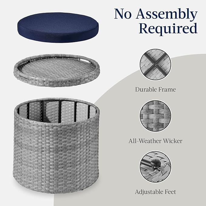 Best Choice Products Round Wicker Ottoman, Multipurpose Outdoor Furniture for Patio, Backyard, Additional Seating, Footrest, Side Table w/Storage, Removable Cushions – Gray/Navy