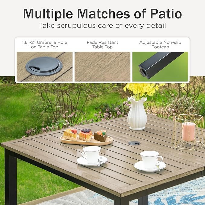 PHI VILLA 5 Pieces Outdoor Dining Set for 4, 42" Square Brown Metal Table with Umbrella Hole & Wrought Iron Chairs, All Weather Large Outside Furniture with Cushions & Pillows for Patio, Deck, Porch