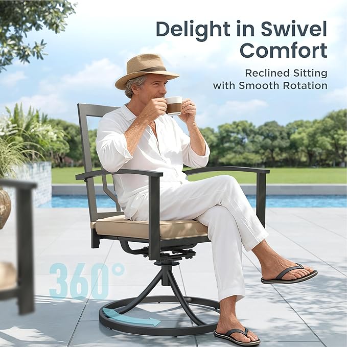 PHI VILLA 5 Pieces Outdoor Dining Set for 4, 37” Square Wrought Iron Table with Mesh Tabletop & Swivel Metal Steel Chairs with Cushions, Outside Furniture Set for Patio, Porch, Deck, Backyard