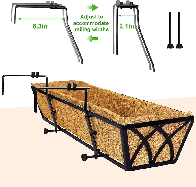 Y&M 24 Inch Fence Metal Hanging Flower Planter Window Basket Deck Railing Planter Boxes for Outdoor Garden Lawn， Window Deck with Coco Liner,6pcs