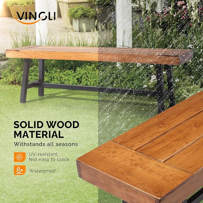 VINGLI Outdoor Bench with Metal Legs Rustic, Wood Dining Bench Indoor Outdoor Porch Benches for Yard Garden Dining (63in)