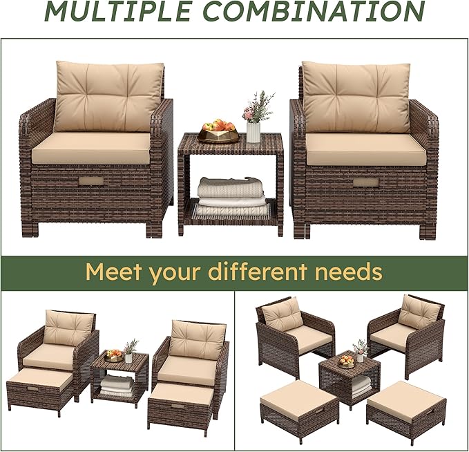 LHBcraft Balcony Furniture 5 Piece Wicker Patio Furniture Set, Outdoor Hand-Woven Rattan Lounge Chairs with Tempered Glass Coffee Table, Ottomans & Soft Cushions for Front Porch, Garden, Brown