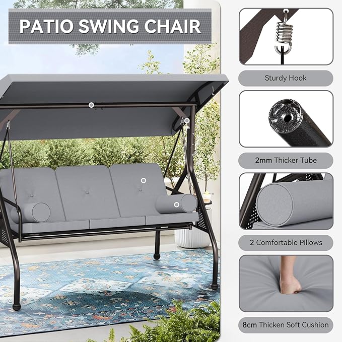 Oakcloud 3-Seat Outdoor Porch Swing with Adjustable Canopy, Large Converting Swing Chair, Patio Swing Glider with Pillows & Thick Cushions for Poolside Balcony Backyard (Grey)