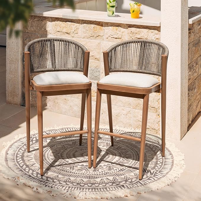 IDZO 400lbs Capacity Modern Rope Bar Stools Set of 2, 28 Inches Bar Height Stools with Comfortable Cushions, Aluminum Base and Ergonomic Curved Backrest, Easy Assembly for Indoor and Outdoor Use