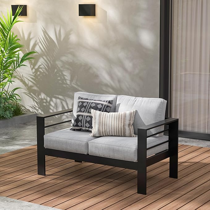 Wisteria Lane Patio Furniture Aluminum Loveseat, All-Weather Outdoor 2 Seats Sofa Couch, Black Metal Chair with Light Grey Cushions