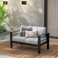 Wisteria Lane Patio Furniture Aluminum Loveseat, All-Weather Outdoor 2 Seats Sofa Couch, Black Metal Chair with Light Grey Cushions